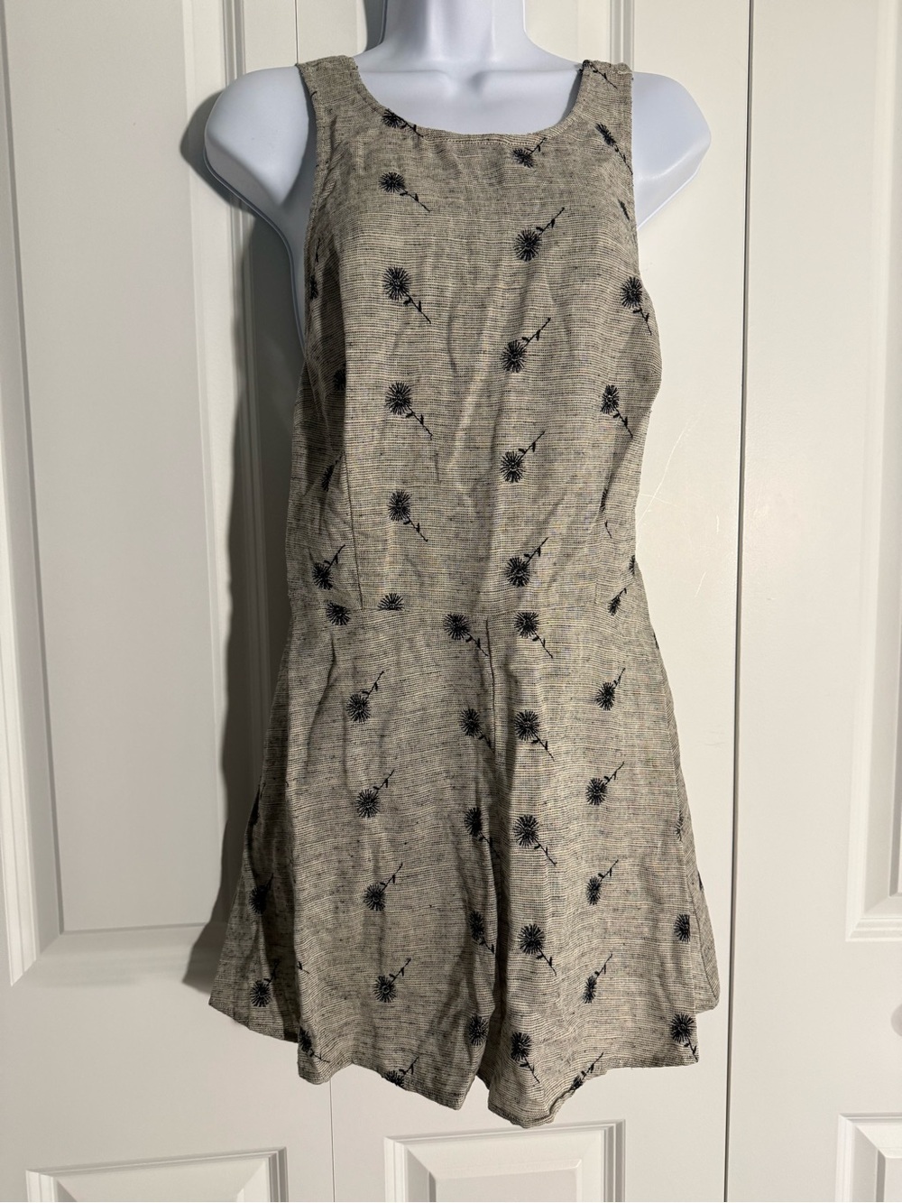 Cooperative Beige Linen-Blend Sleeveless Romper with Black Floral Motif